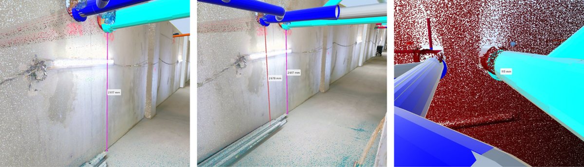 Basement corridor with a measured pipe, alongside the dimension chain and the point cloud with the deviation marked in red