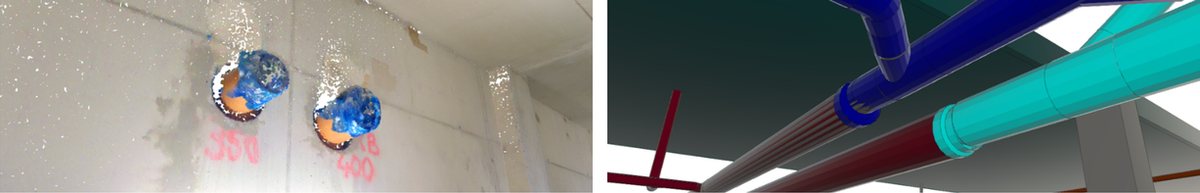 Two pipe penetrations in a concrete wall with markings, next to the model of the same pipe run