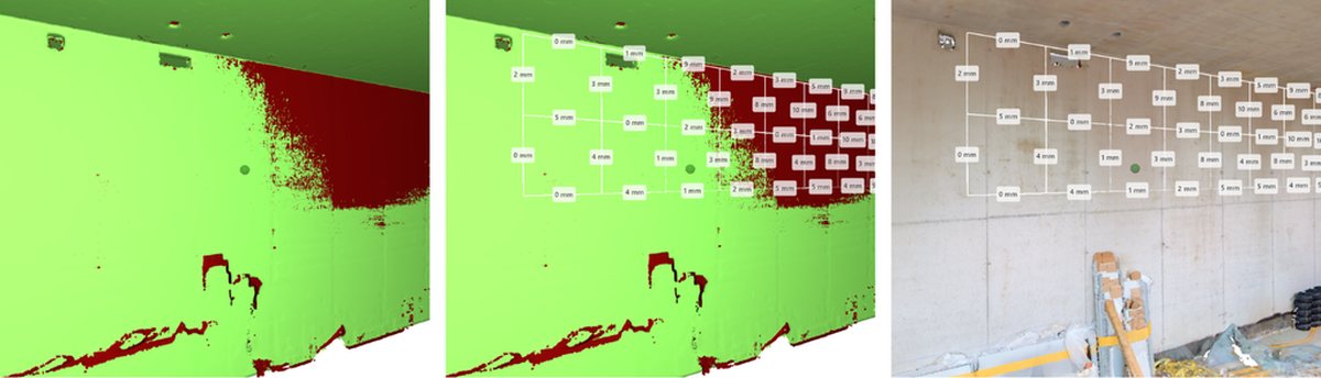 Wall surface as a false-colour image from green to dark red, the same view with millimetre values, and a photo of the wall