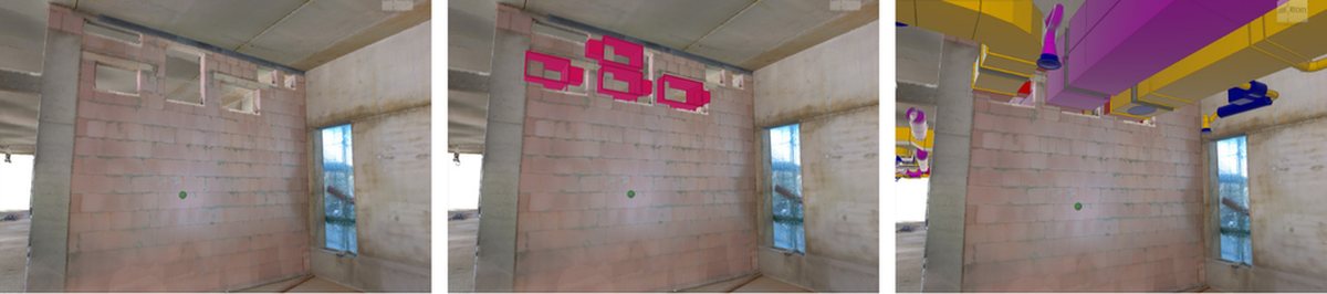 The same shell room three times: scanned as-is condition, deviations marked in colour, point cloud overlaid with the BIM model