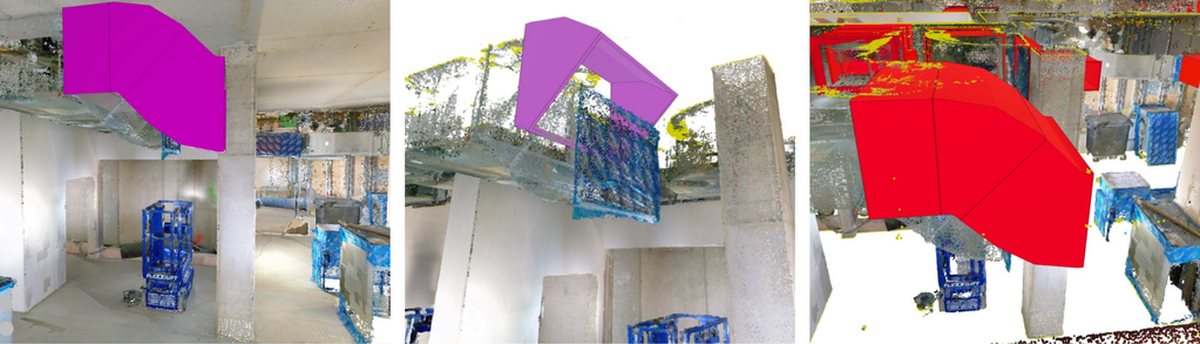 Ventilation duct under a shell ceiling, shown in magenta as designed and in red as the deviation