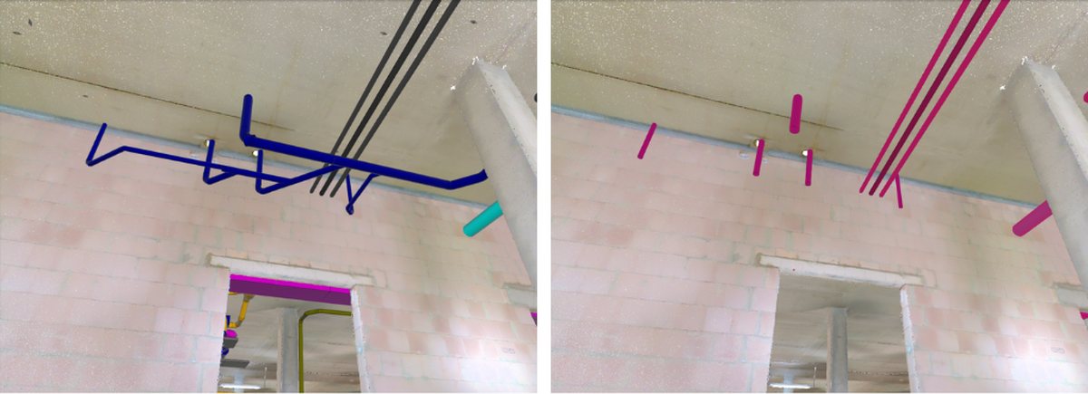 Ceiling area with planned pipes in blue over the point cloud, and the same spot with collisions marked in pink