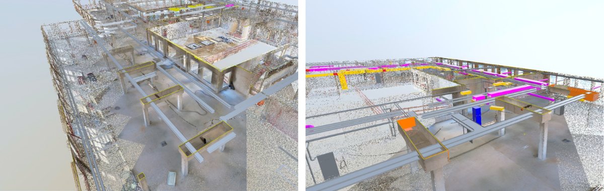 A floor as a point cloud with downstand beams marked in yellow, next to the same level with the planned service route
