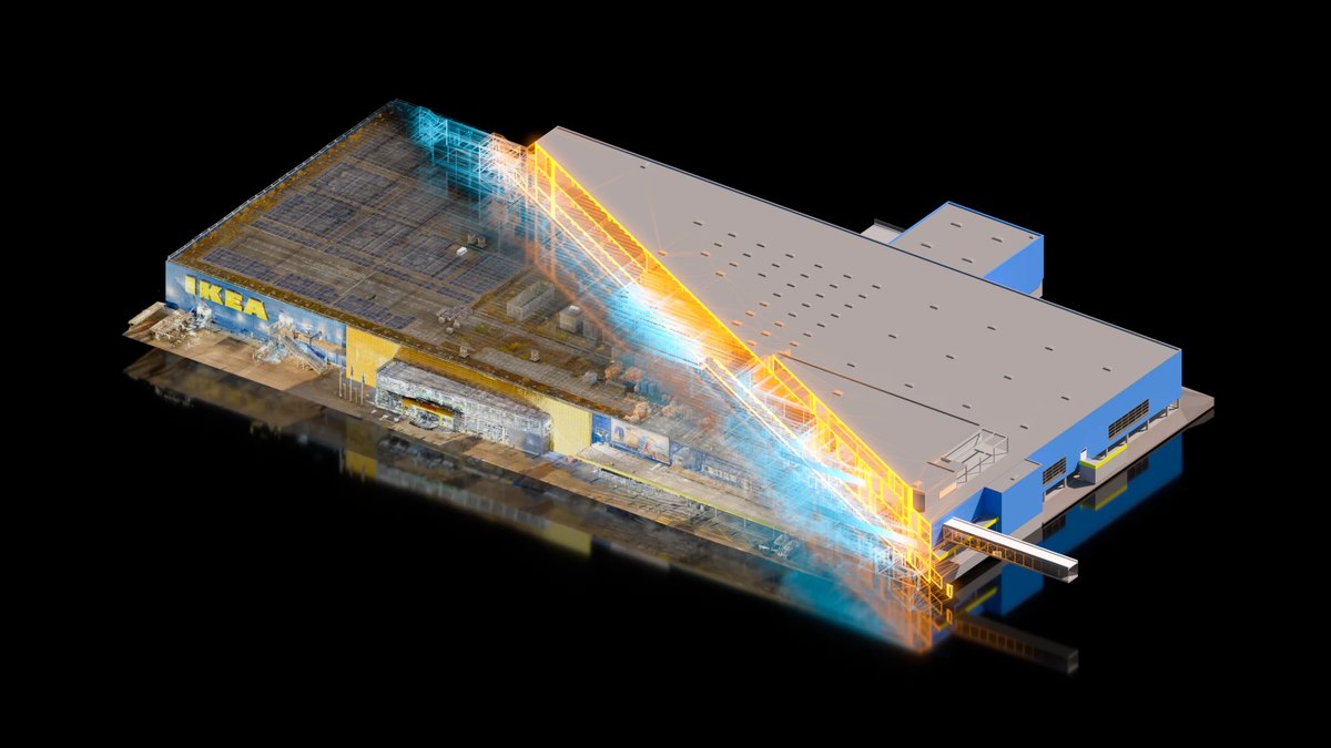 Isometric view of an IKEA store: the captured point cloud on the left, the BIM model derived from it on the right