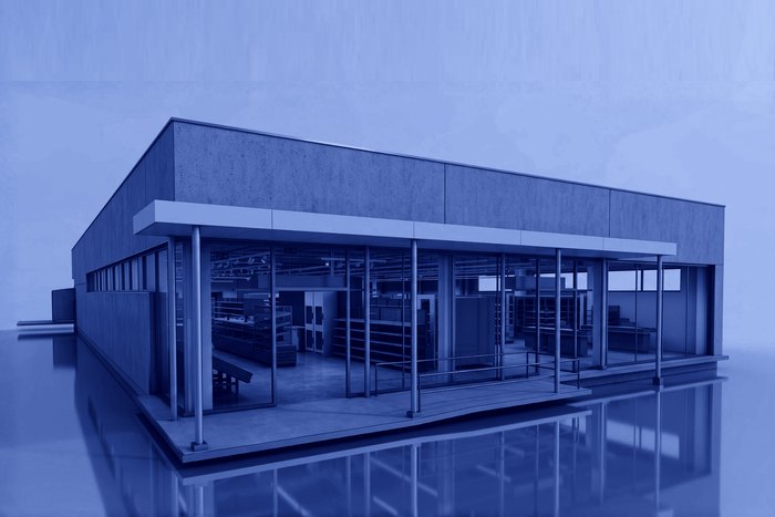 Digital model of a retail store: shelving, checkout zone and refrigeration visible in section