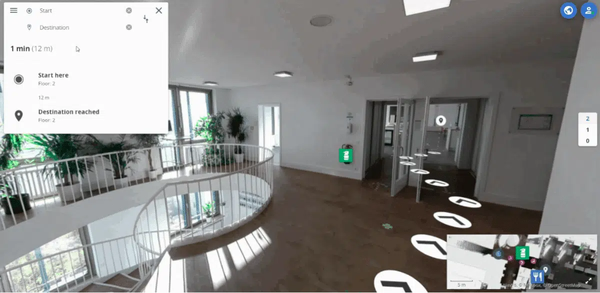 Wayfinding inside the building: start, destination, floor. The twin knows the route.