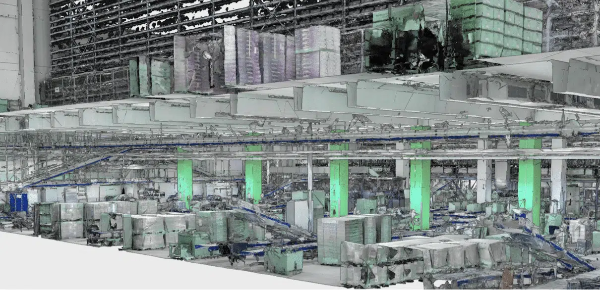 Point cloud of a production hall — the basis every model is built on.