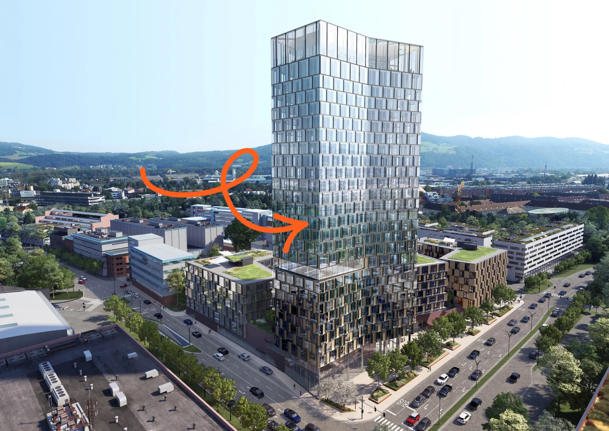 QUADRILL Tower at Tabakfabrik Linz, aerial view
