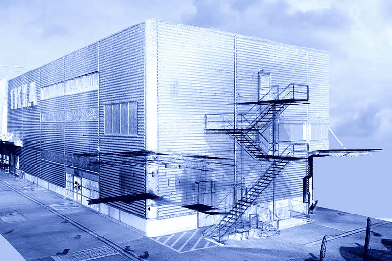 IKEA store as a point cloud, facade and external stairs