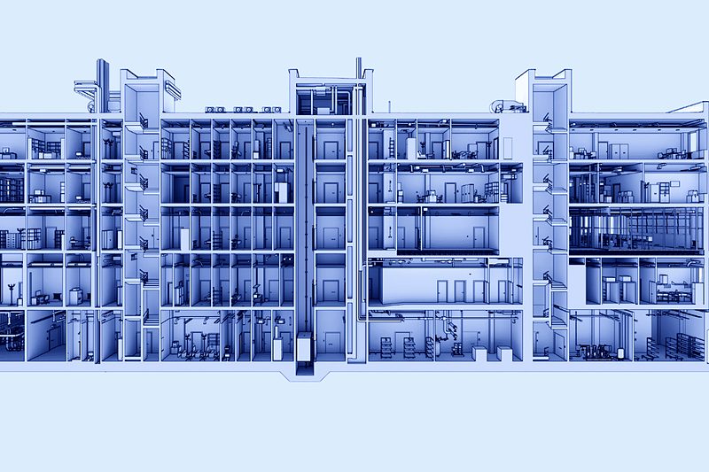 Section through the digital model of the hospital